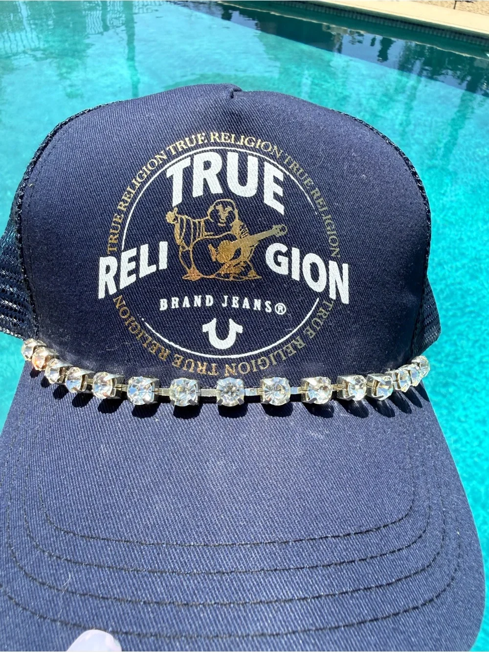 True Religion Navy Blue Logo Baseball Cap with Crystal Chain